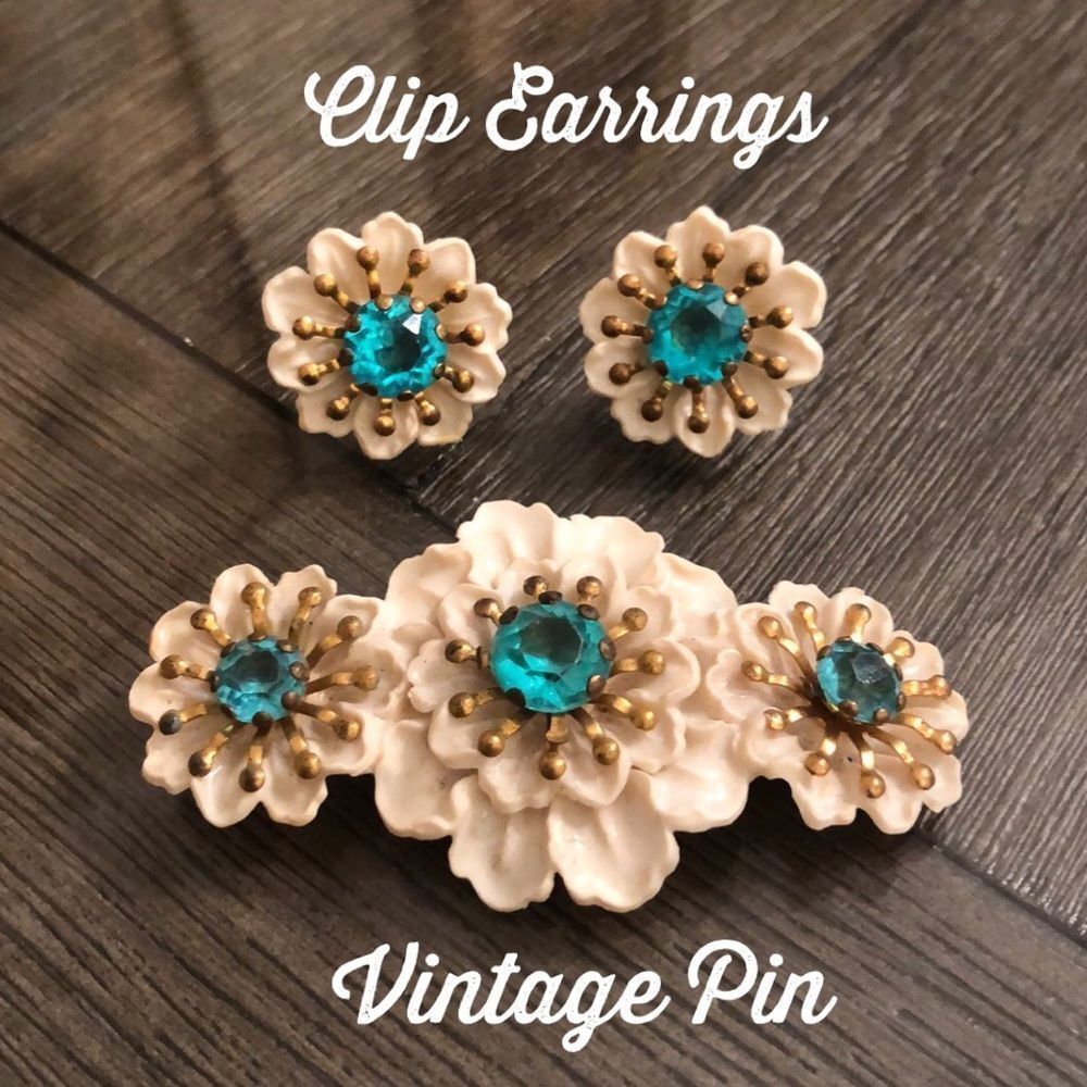 Vintage Celluloid Floral Pin & Screw Back Clip Earrings Turquoise Gem Center